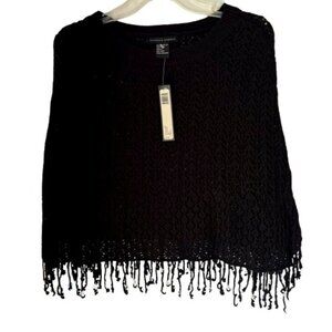 Maurice Sasson Women's One Size Black Sweater Silver Flower Fringed Poncho